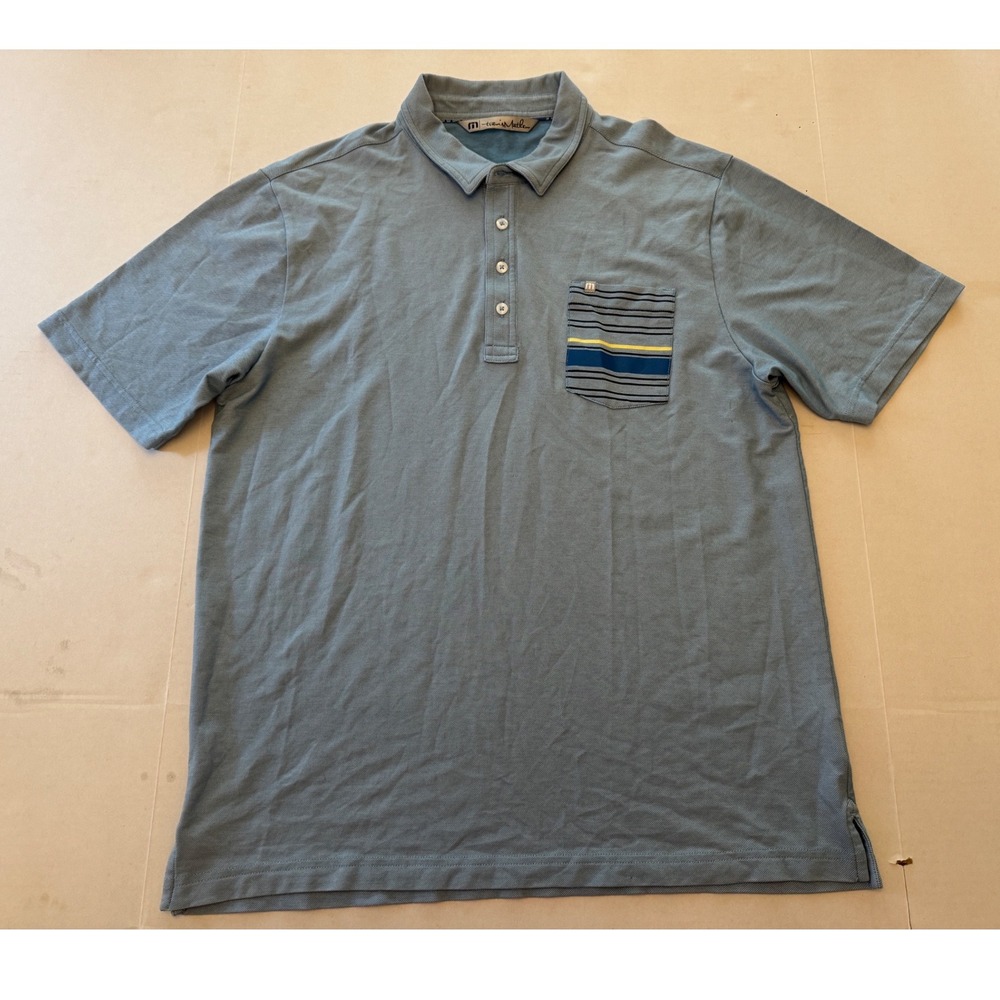 Travis Mathew Mens‎ Pima Cotton Blend Stripe Pocket Polo Shirt Blue Large L